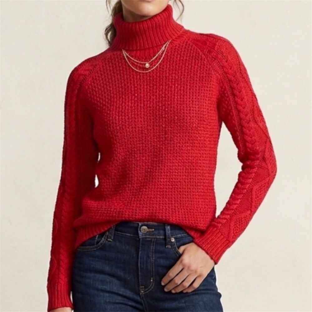 Lauren Ralph Lauren Sweater Womens Sz XS Red Cable Knit Turtleneck Fisherman New